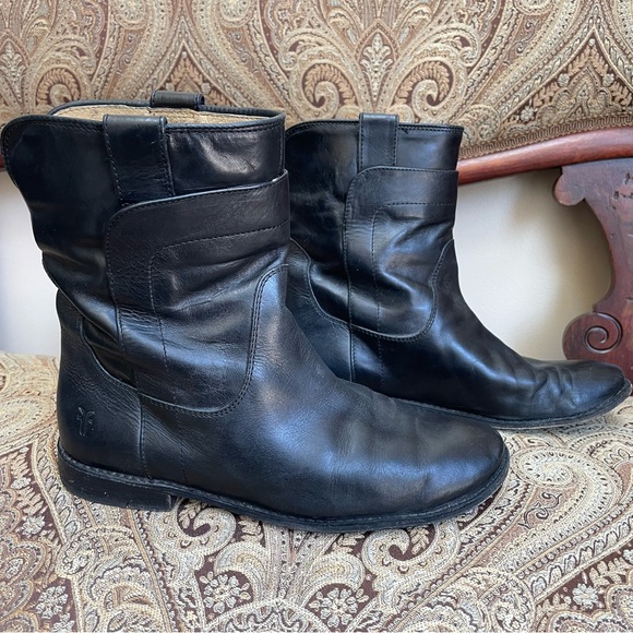 Frye Shoes - FRYE 76958 Women’s Paige Short Riding Boots Black Leather Mid Calf Block Pull On